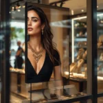A woman in a black dress and gold jewelry is seen through a jewelry store window display.