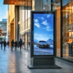 Digital billboard on a city sidewalk displays a car advertisement; pedestrians walk by modern storefronts in the background.