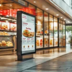 Digital menu board displaying burger options stands outside a fast food restaurant with burgers visible through the window.