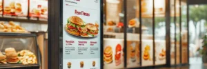 Digital menu board displaying burger options stands outside a fast food restaurant with burgers visible through the window.