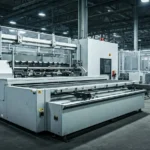 Large industrial machine in a factory setting with metal framework and overhead lighting, used for manufacturing processes.