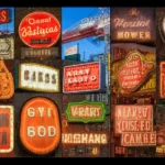 A collage of colorful vintage neon signs with various business names and decorative fonts displayed in rows.