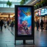Digital billboard in a shopping mall displays artwork of a girl with butterflies and the word "BUTTERFLIES" on it.