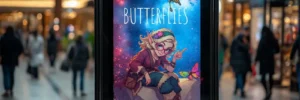 Digital billboard in a shopping mall displays artwork of a girl with butterflies and the word "BUTTERFLIES" on it.