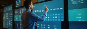 A man interacts with a large touch screen displaying multiple data panels in a modern control room.