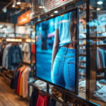 A large digital screen in a clothing store displays an image of a woman in jeans, with racks of clothes in the background.