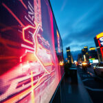 Digital billboards display bright advertisements along a busy city street at dusk, with cars and buildings visible.