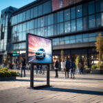A digital billboard displaying a car advertisement stands in a modern outdoor shopping area with people walking by.