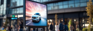 A digital billboard displaying a car advertisement stands in a modern outdoor shopping area with people walking by.