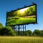 A large outdoor billboard displays an image of a sunlit, green meadow surrounded by trees and wildflowers.