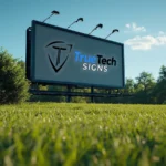 Outdoor billboard displaying the logo and text “TrueTech SIGNS” in a grassy area with trees in the background.