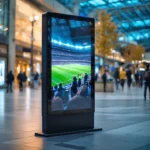 A digital screen in a shopping mall displays an image of a soccer stadium with people walking in the background.