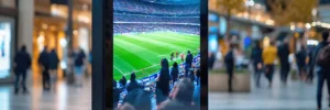 A digital screen in a shopping mall displays an image of a soccer stadium with people walking in the background.