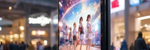 Digital display in a shopping mall showing an anime poster featuring four characters under a night sky with fireworks.