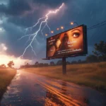 A lightning bolt strikes near a roadside billboard for watches during a heavy rainstorm at sunset.