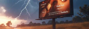 A lightning bolt strikes near a roadside billboard for watches during a heavy rainstorm at sunset.