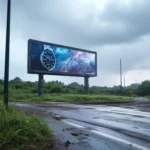 A roadside billboard displays a wristwatch against a backdrop of lightning and storm clouds on a cloudy, wet day.