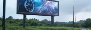 A roadside billboard displays a wristwatch against a backdrop of lightning and storm clouds on a cloudy, wet day.