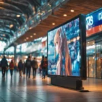 Digital billboard in a shopping mall displays an anime character as shoppers walk by in the background.
