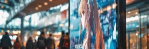 Digital billboard in a shopping mall displays an anime character as shoppers walk by in the background.