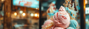 A sign with scoops of pink and blue ice cream hangs in front of a counter at a retro-style ice cream parlor.