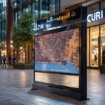 An illuminated "Welcome to Missouri" sign with a detailed city map stands in a modern shopping district at night.